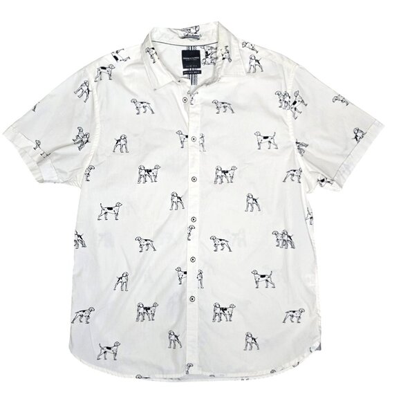 Denim & Flower Nicky Slim Fit Short Sleeve Button-Up Shirt L Dog Print White - Picture 1 of 5